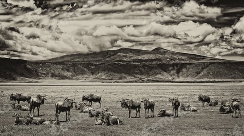 Preview: Vintage Style Black And White Image Of Wildebeests In The Ngorongoro Crater, Tanzania