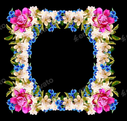 Preview: Frame Of Bright And Colorful Flowers Isolated On A Black Background.