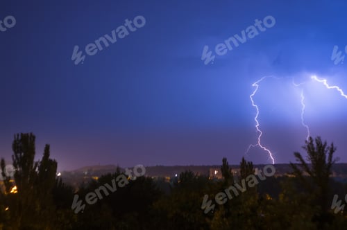 Preview: Night Lightning Storm Over City In Blue Dramatic Lighting