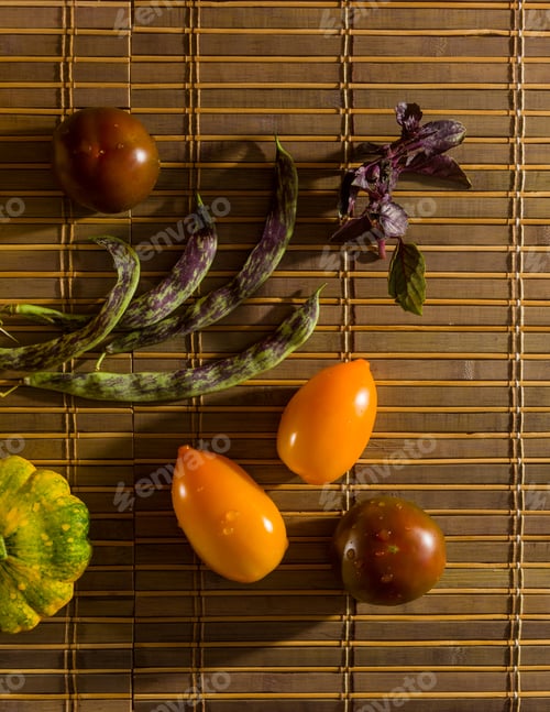 Preview: Autumn Still Life - Small Spotted Squash, Asparagus Beans, Purple Basil, Paprika, Yellow And