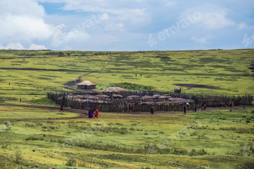 Preview: Distant View Of Masai Tribal Village At Ngorongoro Crater In Tanzania