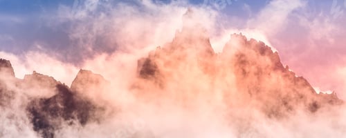 Preview: Fantastic Evening Snow Mountains Landscape Banner Background. Colorful Pink And Blue Clouds
