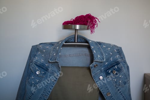 Preview: Denim Jacket with Pearls on Hanger with Pom