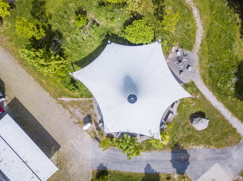 Preview: Aerial View Of White Shelter Roof Like A Tent. Picnic And Fire Place In A Park.