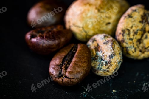 Preview: Brown Roasted Coffee And Cocoa Beans On Black Background, Close Up, Macro