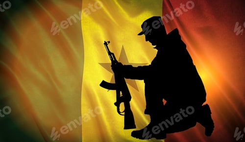 Preview: Flag With Original Proportions. Flag Of The Senegal With The Silhouette Of A Soldier With A Gun