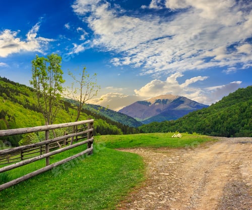 Preview: Unreal Summer Landscape. Fence Near The Meadow Crossroad Path On The Hillside Composite With Forest