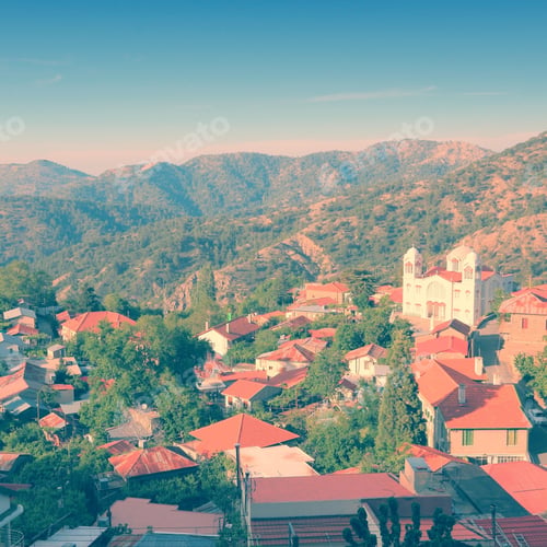 Preview: Cyprus - Nicosia District. Mountain View Aerial View - Pedoulas. Vintage Instant Camera Style