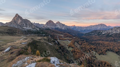 Preview: Autumn Scenery In Dolomites Mountains At Mountain Pass Giau.