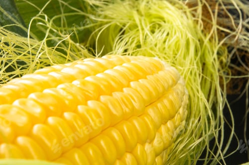 Preview: Fresh Corn On Cobs On Black Background, Closeup
