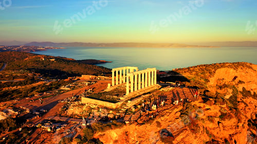 Preview: Aerial Drone Photo Of Sunset Over The Iconic Temple Of Poseidon At Cape Sounio With Amazing Golden