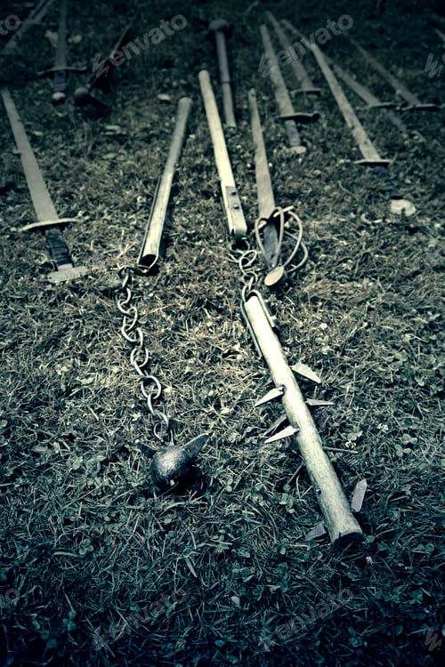 Preview: Ancient Medieval Swords, Detail Of An Exhibition Of Antique Weapons, Medieval Art, Vintage
