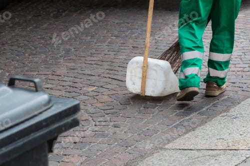 Preview: Municipal Dustman Worker With Cleaning Tools