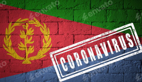 Preview: Flag Of The Eritrea On Brick Wall Texture. Stamped Of Coronavirus. Corona Virus Concept. On The