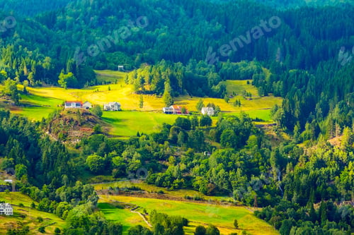 Preview: Norwegian Village Landscape Near Fjord, Green Forest Mountains And Colorful Houses, Norway