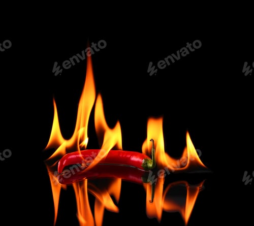 Preview: Hot Pepper With Flame On Black Background
