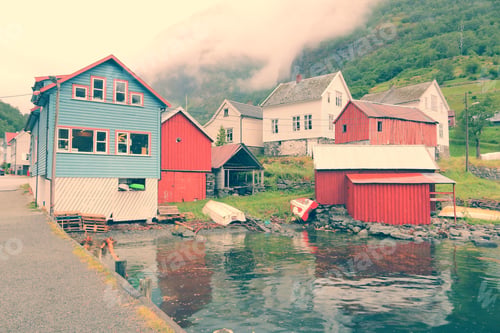 Preview: Norway Fiord Landscape - Aurlandsfjord, Part Of Sognefjord. Town Of Undredal. Retro Filtered Color