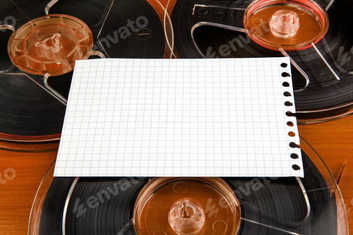 Preview: Vintage Reels With A Tape And Empty Paper On The Table Closeup