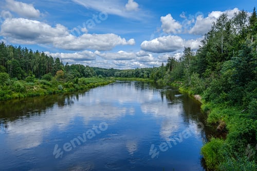 Preview: Open View To The River Of Gauja In Latvia With Cloud Reflections In Water, Blue Sky Summer Day