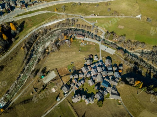 Preview: Aerial View Of Alpine Village In Switzerland In Fall