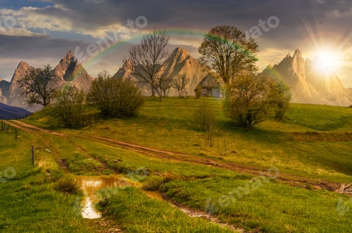 Preview: Woodshed Among Trees On A Hill By The Road. Composite High Tatras Countryside Landscape In Dramatic