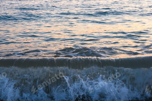 Preview: Sea Pebble Beach With Multicoloured Stones, Transparent Waves With Foam, On A Warm Summer Day