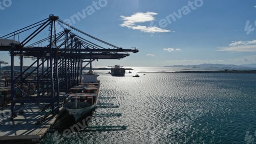 Preview: Aerial Drone Photo Of Container Truck Size Cargo Vessel Approaching International Container Loading