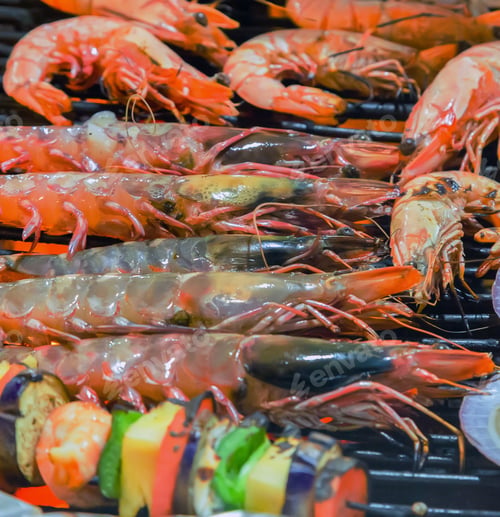 Preview: Tiger Prawns Grilled Sea Food, Shrimps, Street Food And Beach Bbq