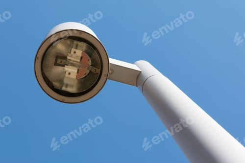 Preview: Modern Street Lamp With Blue Sky In Background, Public Lighting Bottom View