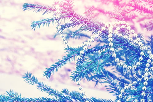 Preview: Festive Christmas Winter Background. Fir Tree Decorated With Toys.