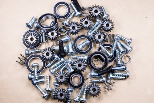 Preview: A Background With Different Mechanical Components, Gears, Springs, Screws, Industrial Objects.