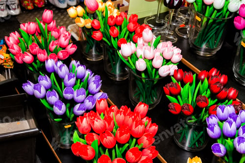 Preview: Traditional Wooden Colorful Tulips In Souvenir Shop. Amsterdam, Netherlands