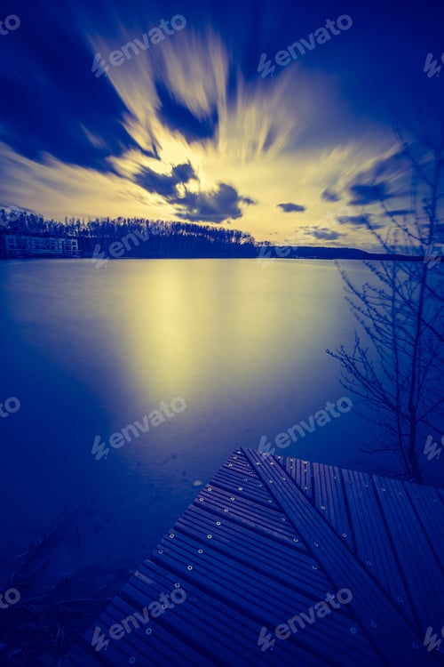 Preview: Vintage Photo Of Beautiful Sunset Over Calm Lake.