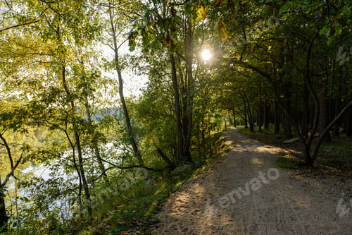 Preview: Empty Road In The Countryside With Trees In Surrounding. Perspective In Summer. Gravel Surface In
