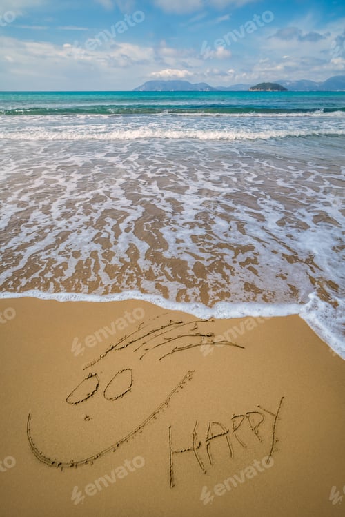 Preview: Happy Face Drawn On Sand Gerakas Beach In Summer, Zante Island, Greece