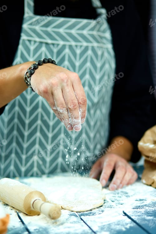 Preview: The Chef Cooks The Dough Sprinkled With Flour For Pasta, Pizza, Bread And Rolls, Freezing In