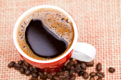 Preview: Coffee Beans And Cup With Coffee With Burlap Texture