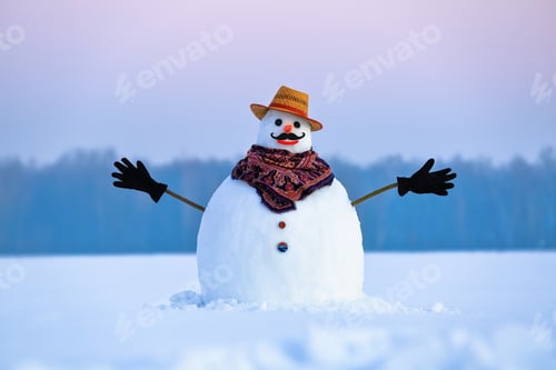 Preview: On The White Fluffy Textured Snow Alone Snowman The Friend Is Standing In Nice Hat And Scarf With