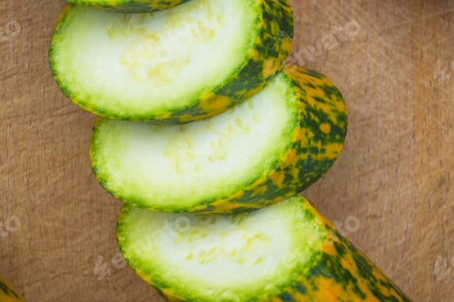 Preview: Slices Unusual Green-Orange Zucchini And Red Chilly On An Old Wooden Background