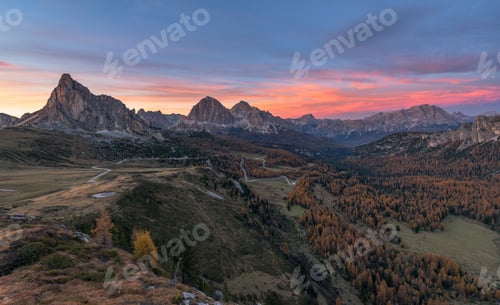 Preview: Autumn Scenery In Dolomites Mountains At Mountain Pass Giau.
