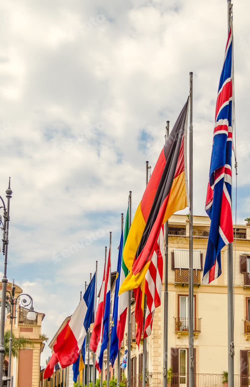 Preview: Flags Of European Countries Against A Cloudy Sky