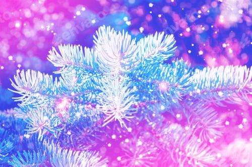 Preview: Frozen Winter Forest With Snow Covered Trees. Pine Branch. Blurred Christmas Background.