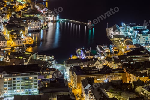 Preview: Panoramic View Of The Town Of Alesund By Night From Aksla Hill. It Is A Sea Port, And Is Noted For