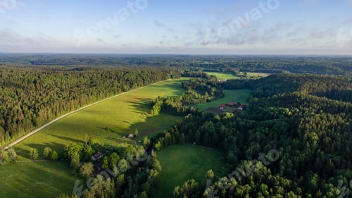 Preview: Drone Image. Aerial View Of Rural Area With Forest River In Summer Morning - Panoramic Image