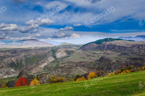 Preview: Fabulous Autumn Landscape With Red And Yellow Trees And Cloudy Blue Sky, Armenia