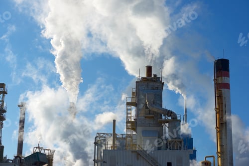 Preview: Smokestacks In A Paper Mill, Zaragoza Province, Spain.