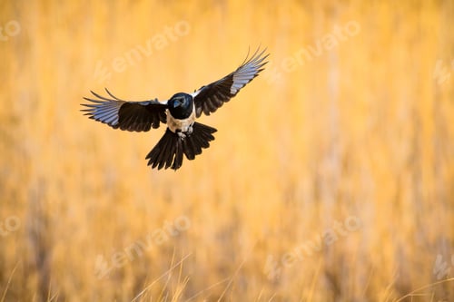 Preview: Flying Crow. Yellow Nature Background.