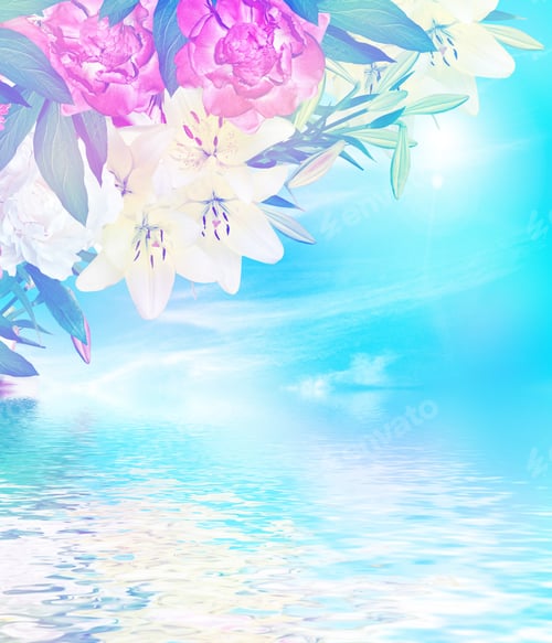 Preview: Lily Flowers On A Background Of Blue Sky With Clouds