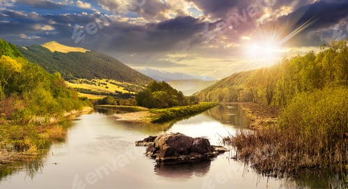 Preview: Collage Mountain River With Stones And Grass In The Forest Near The Mountain Slope In Sunset Light