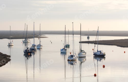 Preview: Small Boats At High Tide Early In The Morning At Wells Next The Sea, Norfolk, Uk